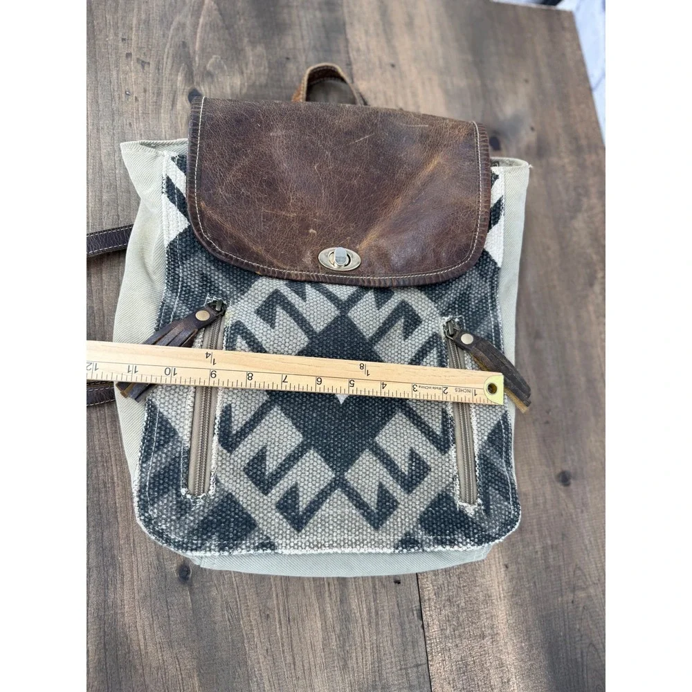Myra Bag Felicity Backpack Upcycled Canvas Leather Rug Backpack Brown Tan
